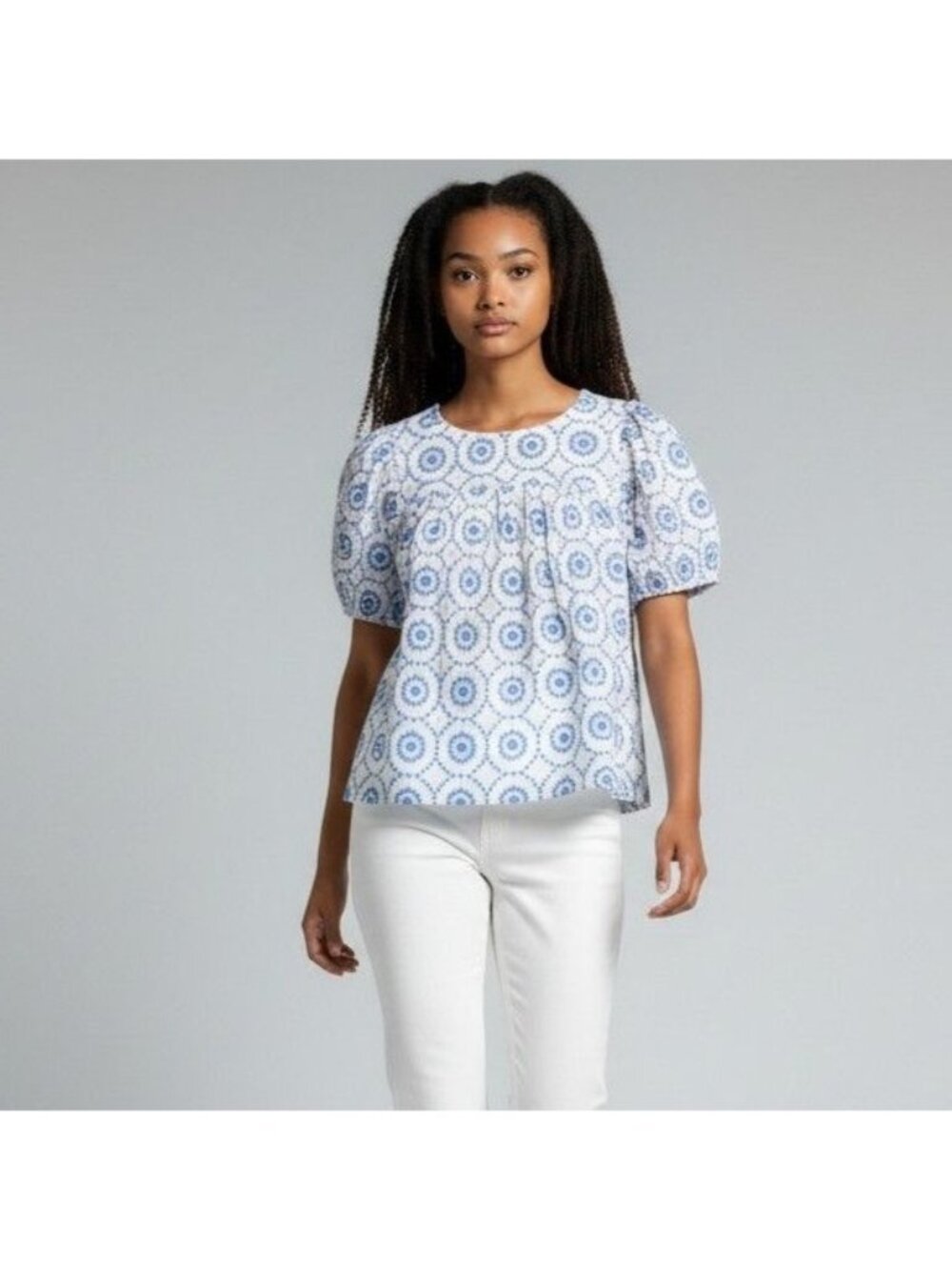SAIL TO SABLE Blue & White Embroidered Eyelet Puff Short Sleeve Babydoll Top - S